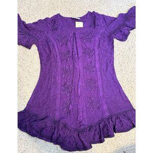 HolyClothing Purple Boho Embroidered Tunic Top Size S 100% Viscose Rayon